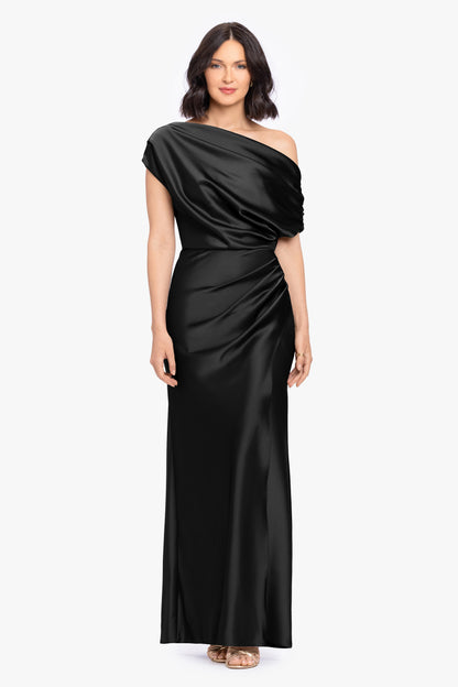 “Hailey” Double Faced Satin Off The Shoulder Ruched Dress - Black | Betsy & Adam