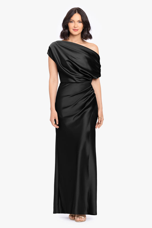 “Hailey” Double Faced Satin Off The Shoulder Ruched Dress - Black | Betsy & Adam