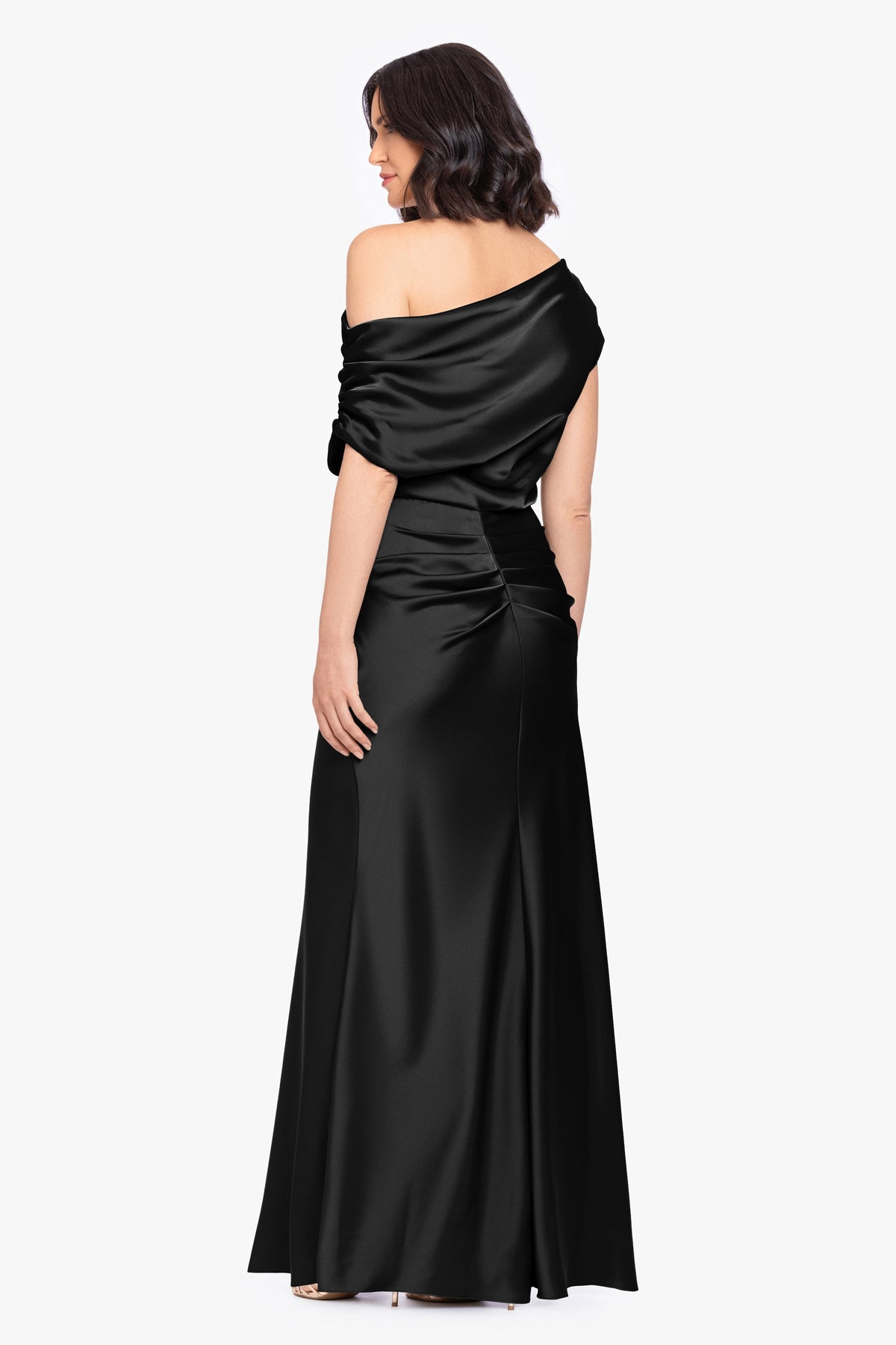 “Hailey” Double Faced Satin Off The Shoulder Ruched Dress - Black | Betsy & Adam