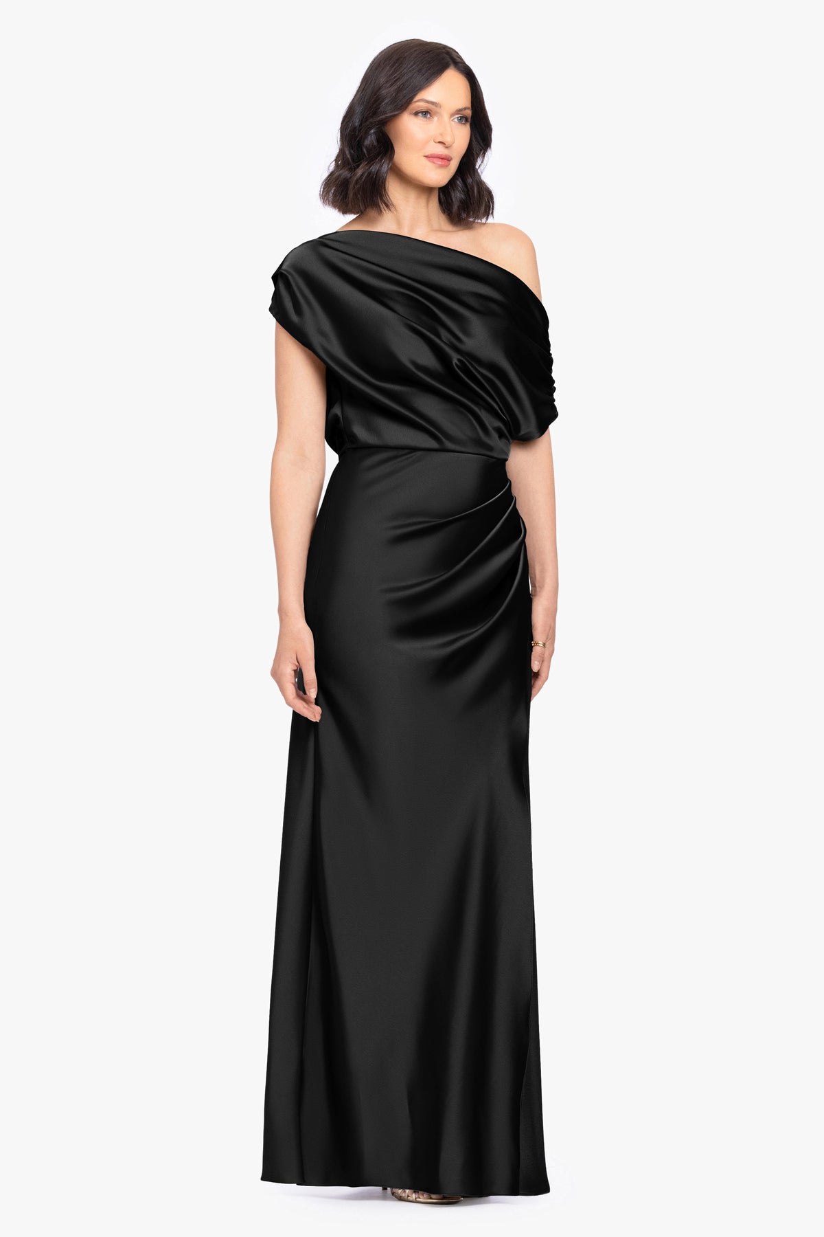 “Hailey” Double Faced Satin Off The Shoulder Ruched Dress - Black | Betsy & Adam
