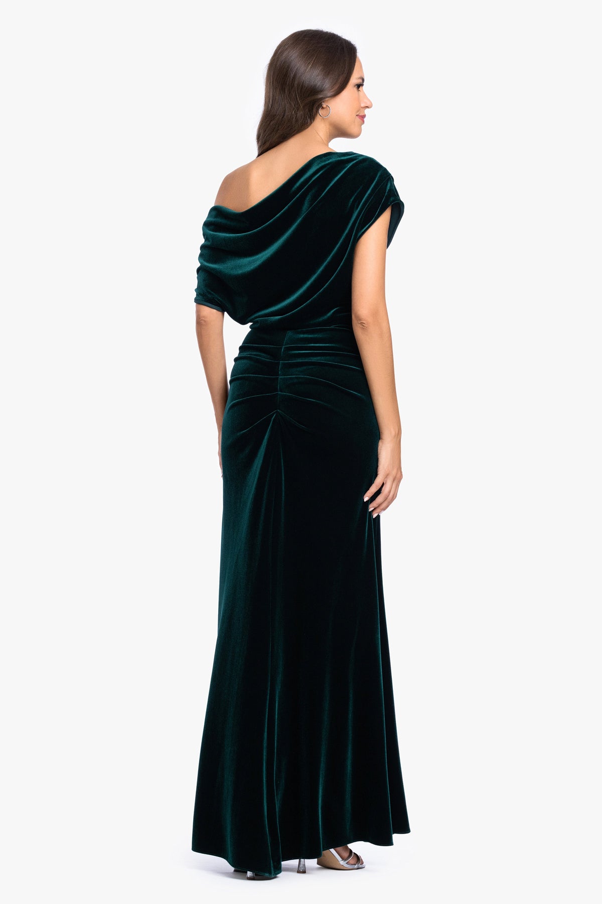 "Evie" Velvet Off The Shoulder Asymmetrical Dress - Hunter | Betsy & Adam