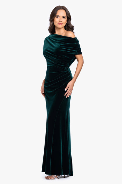 "Evie" Velvet Off The Shoulder Asymmetrical Dress - Hunter | Betsy & Adam