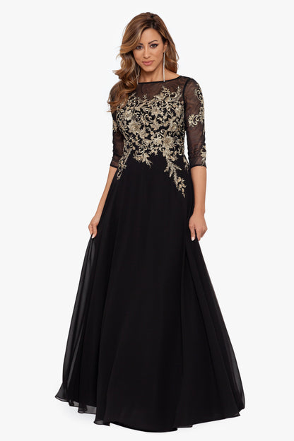 Petite "Brooklyn" Chiffon Embroidery 3/4 Sleeve Dress - Black/Gold | Betsy & Adam