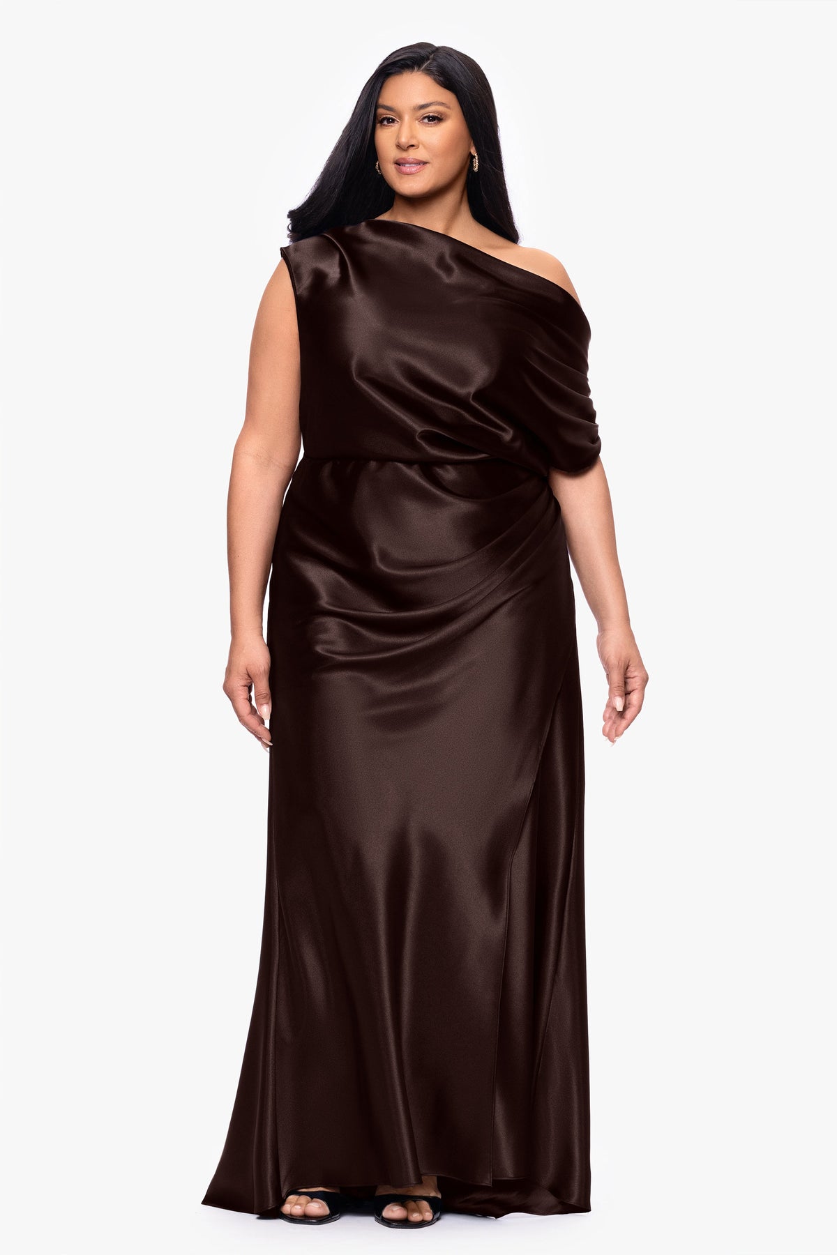 Plus "Sofia" Satin Drop Shoulder Dress - Brown | Betsy & Adam
