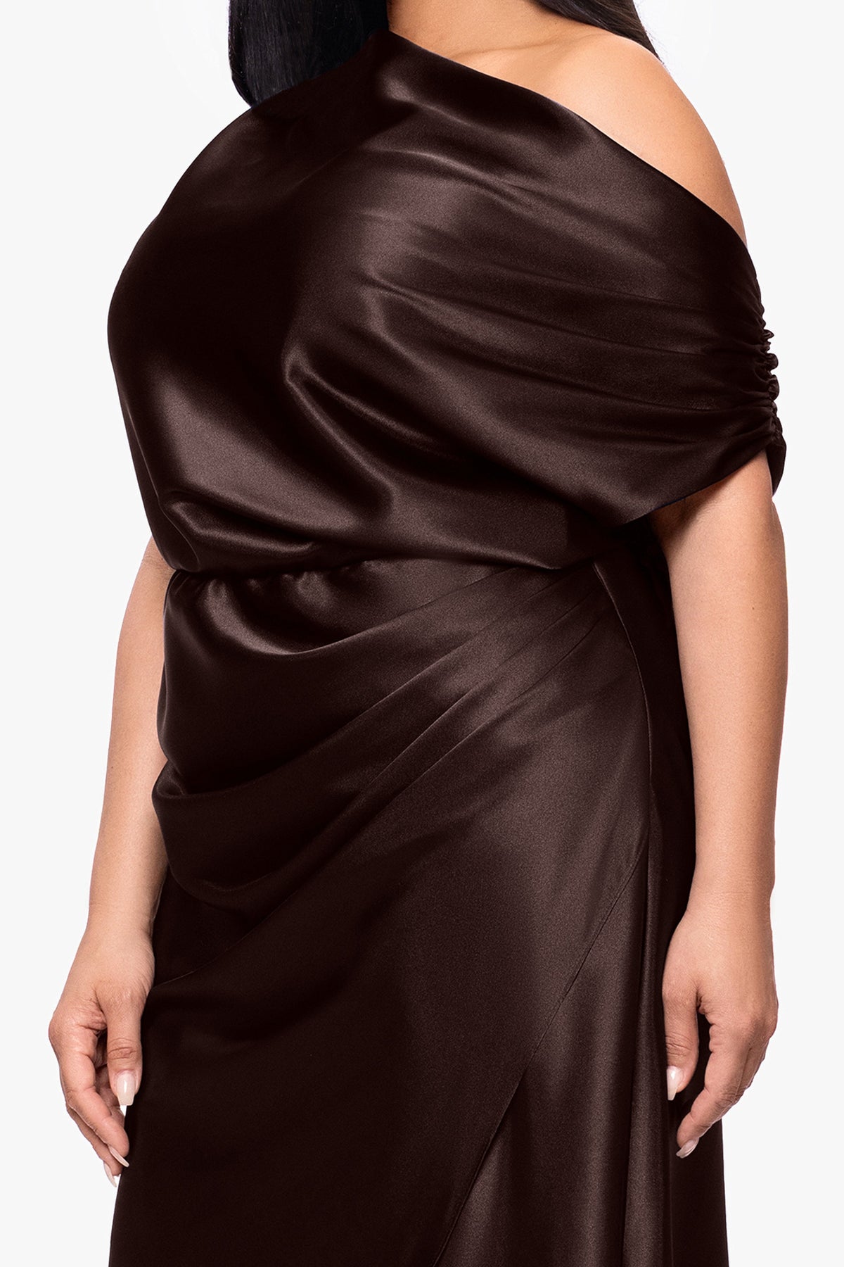 Plus "Sofia" Satin Drop Shoulder Dress - Brown | Betsy & Adam