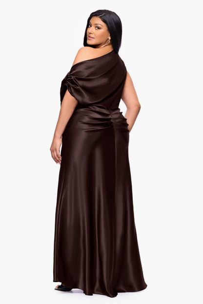 Plus "Sofia" Satin Drop Shoulder Dress - Brown | Betsy & Adam