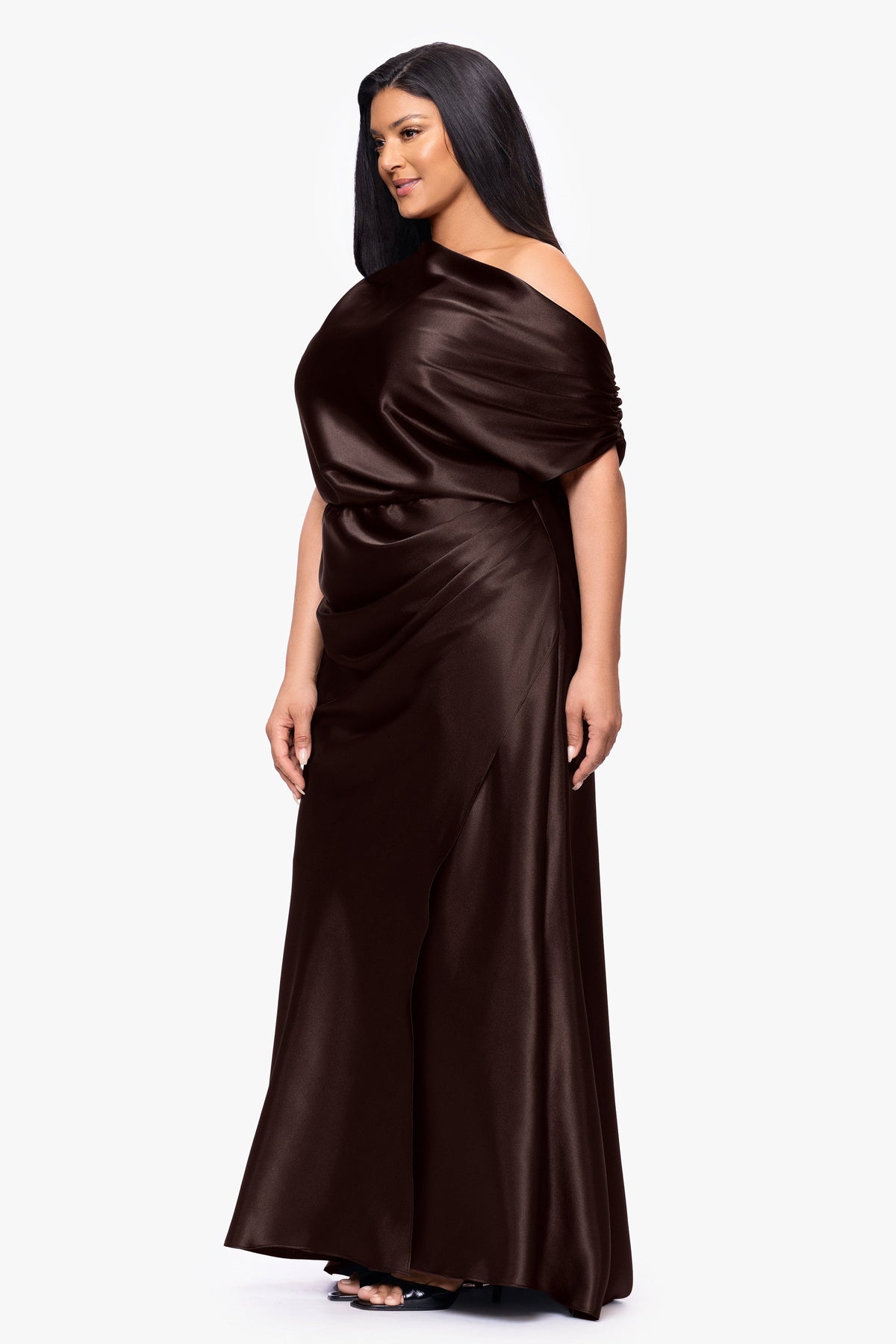 Plus "Sofia" Satin Drop Shoulder Dress - Brown | Betsy & Adam