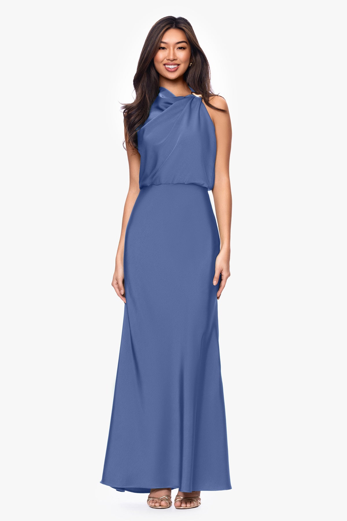 Petite "Colette" Satin Ruched Trim Dress - Slate | Betsy & Adam