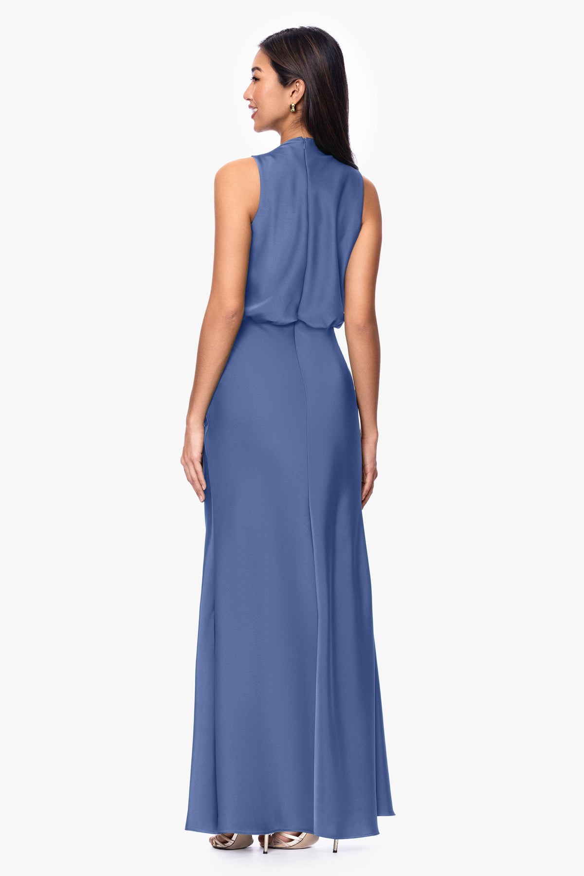 Petite "Colette" Satin Ruched Trim Dress - Slate | Betsy & Adam