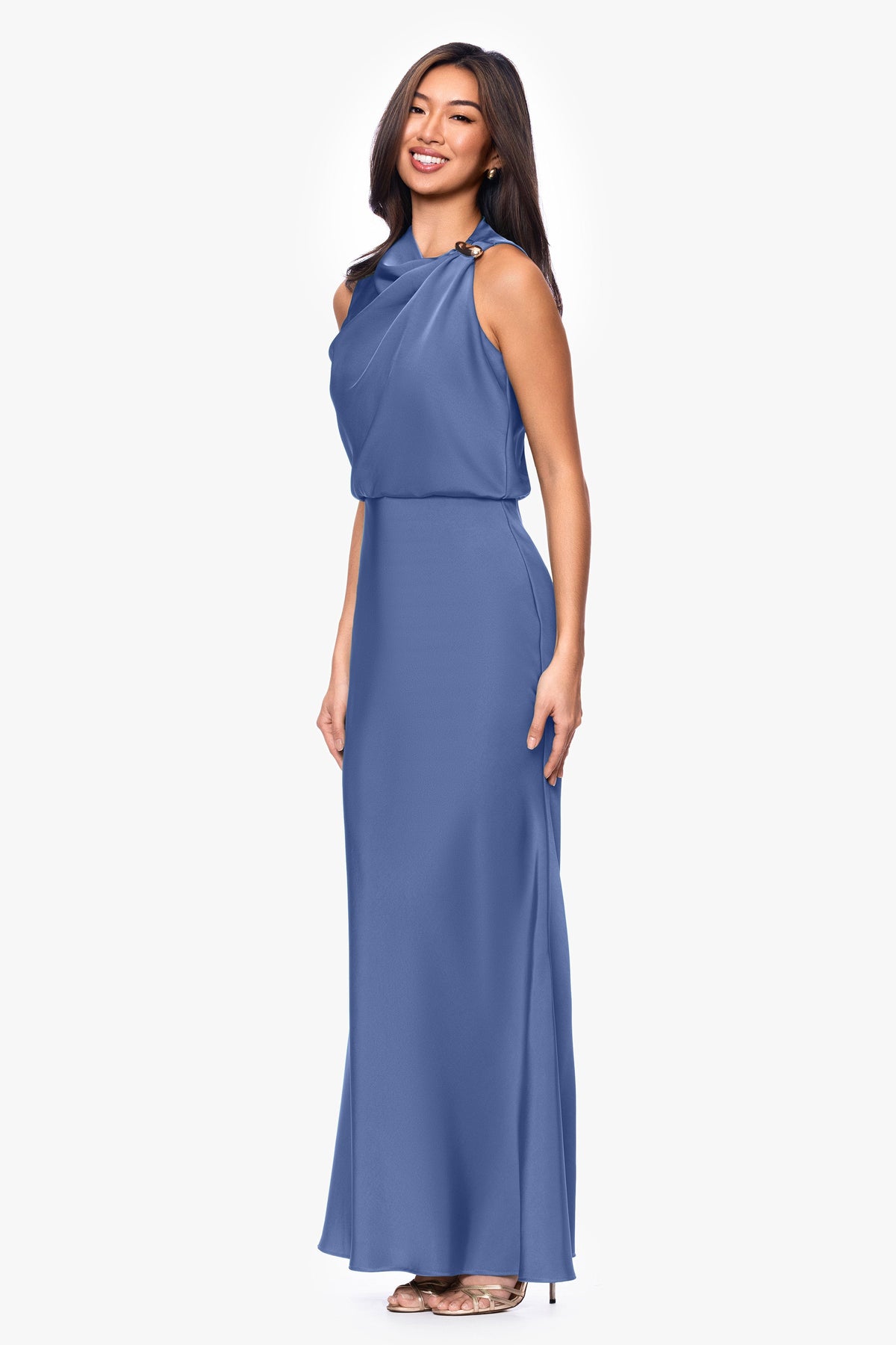 Petite "Colette" Satin Ruched Trim Dress - Slate | Betsy & Adam