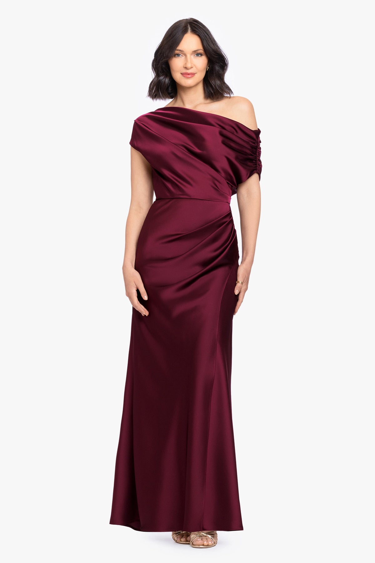 “Hailey” Double Faced Satin Off The Shoulder Ruched Dress - Wine | Betsy & Adam