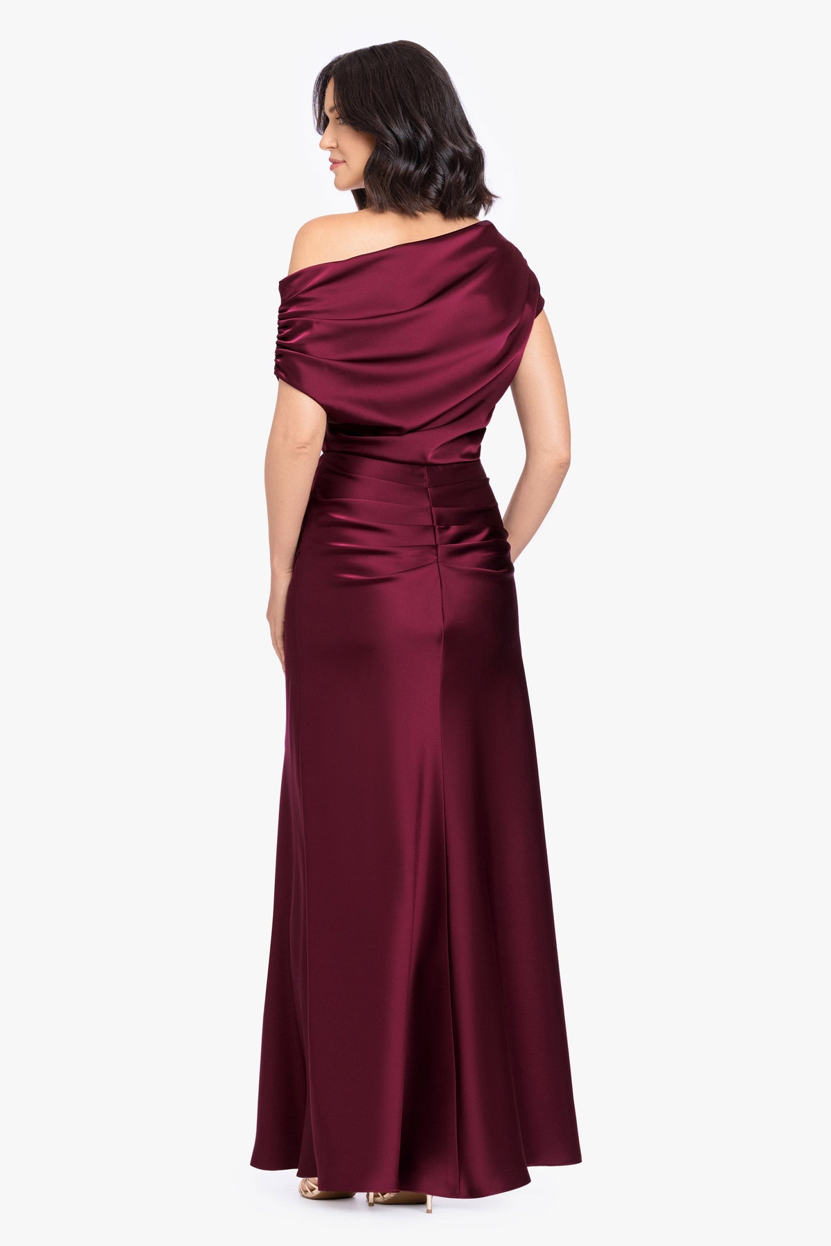 “Hailey” Double Faced Satin Off The Shoulder Ruched Dress - Wine | Betsy & Adam