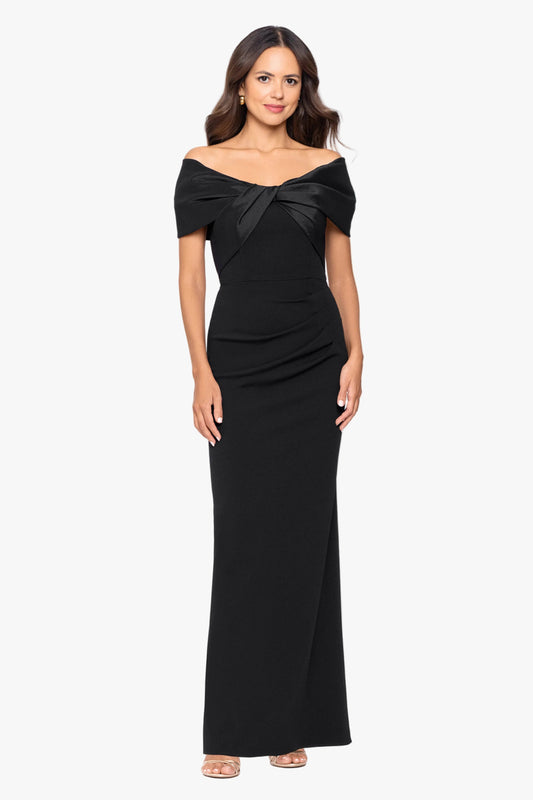 "Miranda" Scuba Crepe & Taffeta Off Shoulder Dress - Black | Betsy & Adam