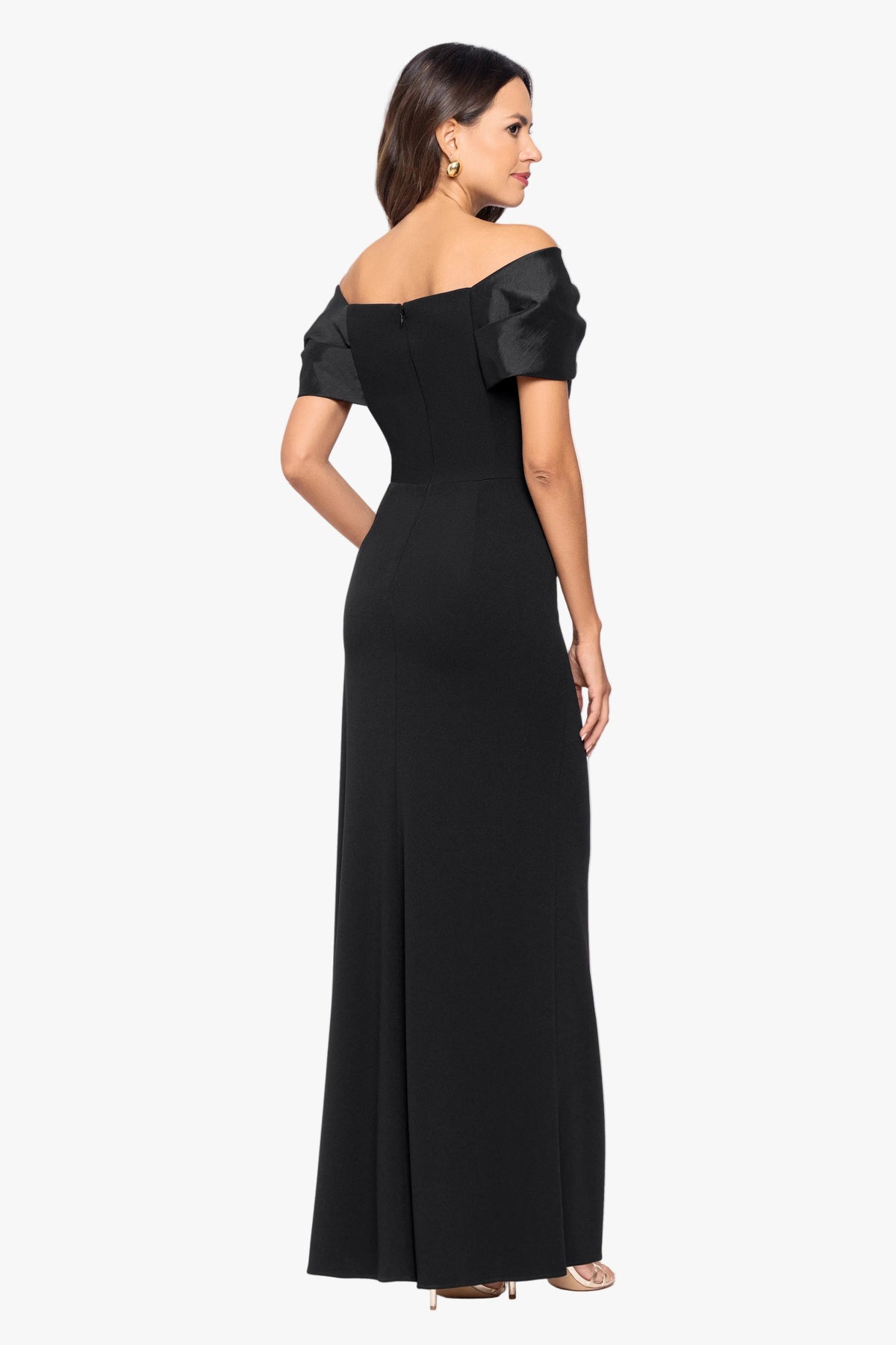 "Miranda" Scuba Crepe & Taffeta Off Shoulder Dress - Black | Betsy & Adam