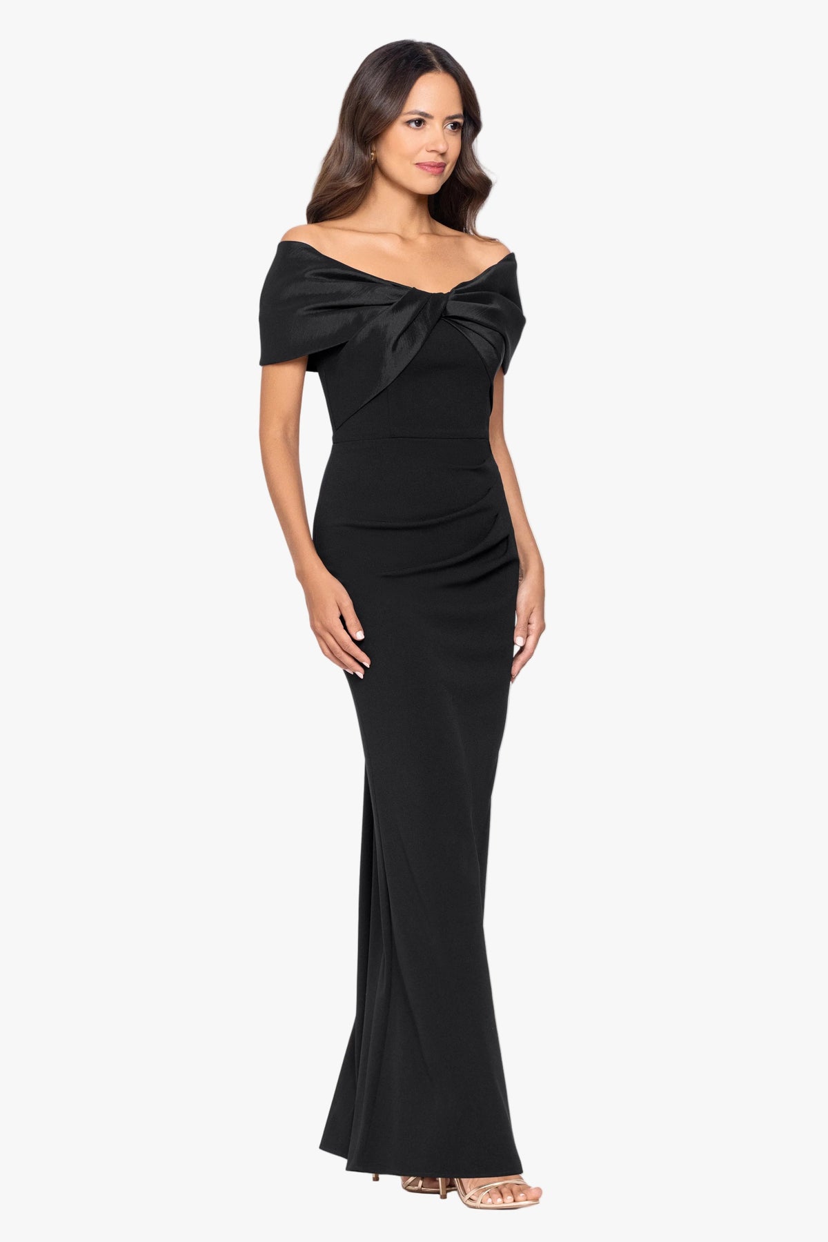 "Miranda" Scuba Crepe & Taffeta Off Shoulder Dress - Black | Betsy & Adam