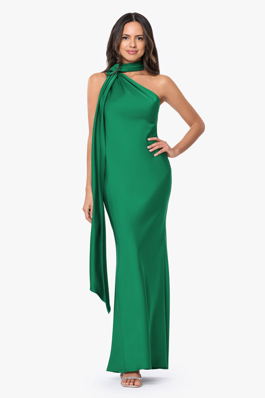 "Fallon" Satin Asymmetrical Necktie Sash Dress - Emerald | Betsy & Adam