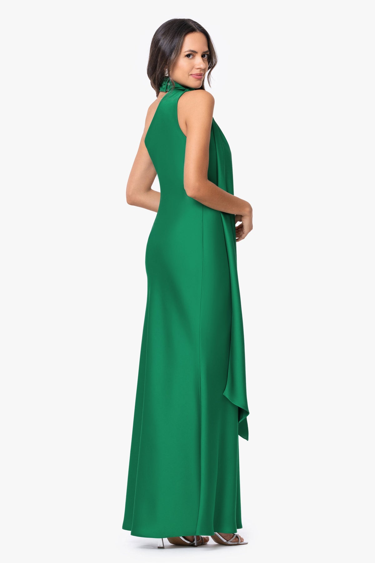 "Fallon" Satin Asymmetrical Necktie Sash Dress - Emerald | Betsy & Adam