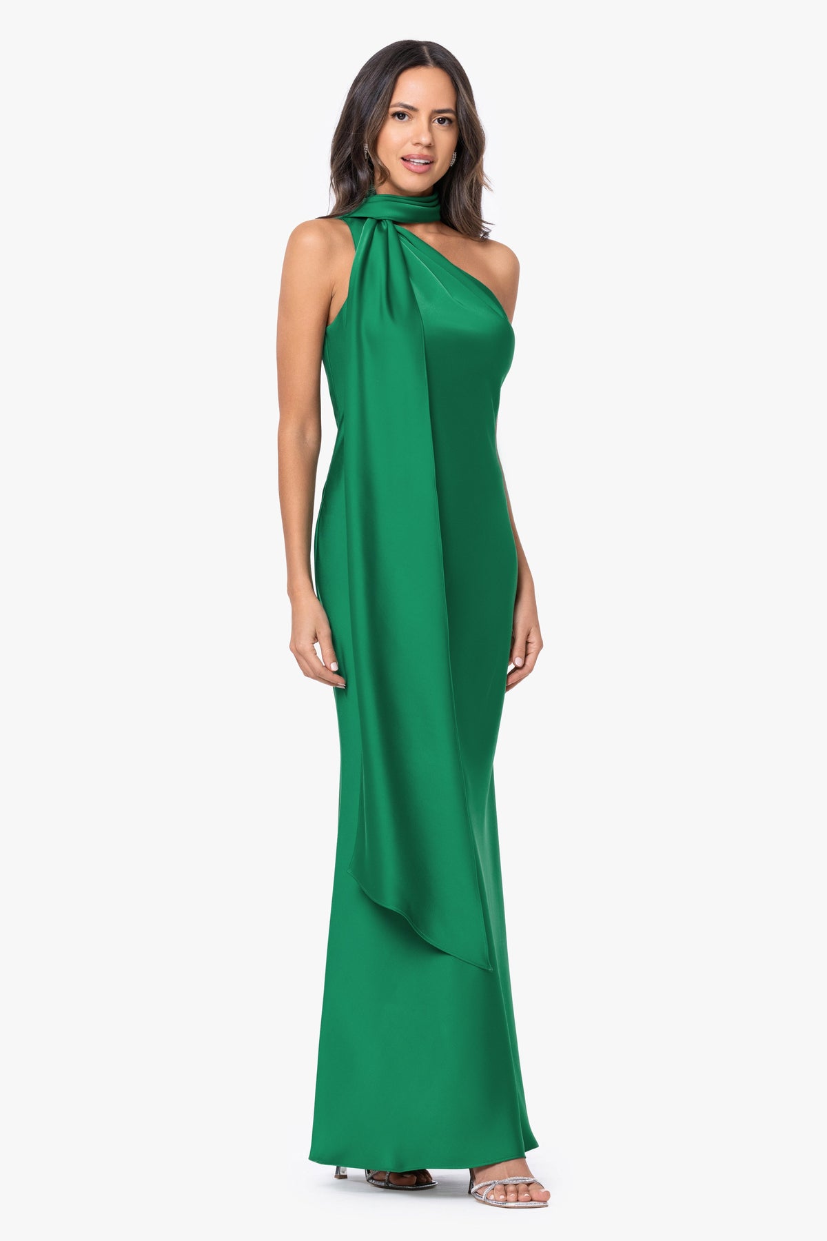 "Fallon" Satin Asymmetrical Necktie Sash Dress - Emerald | Betsy & Adam