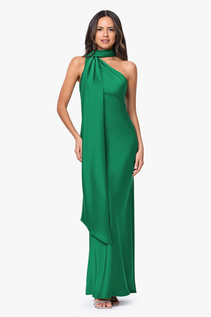 "Fallon" Satin Asymmetrical Necktie Sash Dress - Emerald | Betsy & Adam
