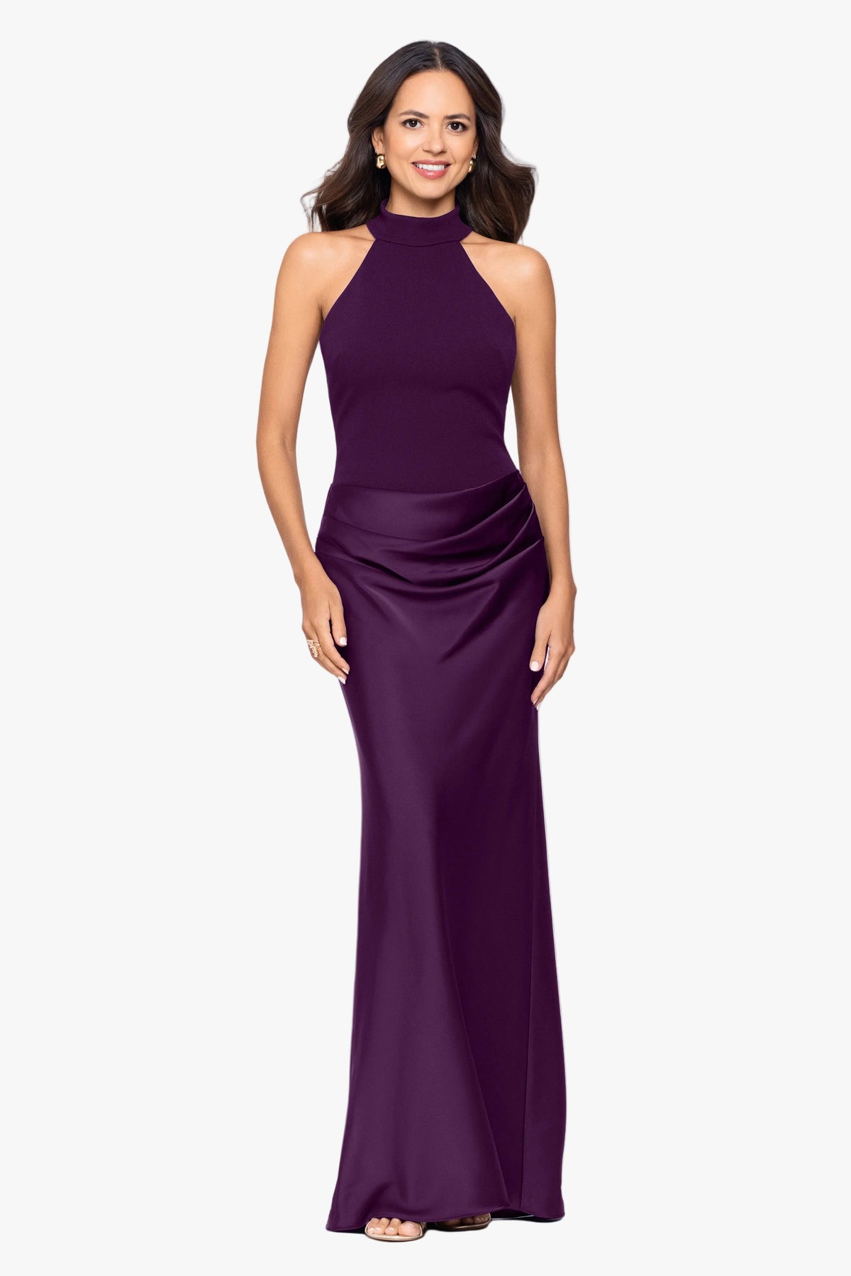 "Jamie" Double Face Satin Mock Neck Dress - Plum | Betsy & Adam