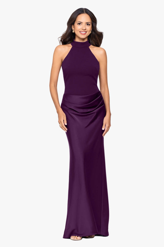 "Jamie" Double Face Satin Mock Neck Dress - Plum | Betsy & Adam