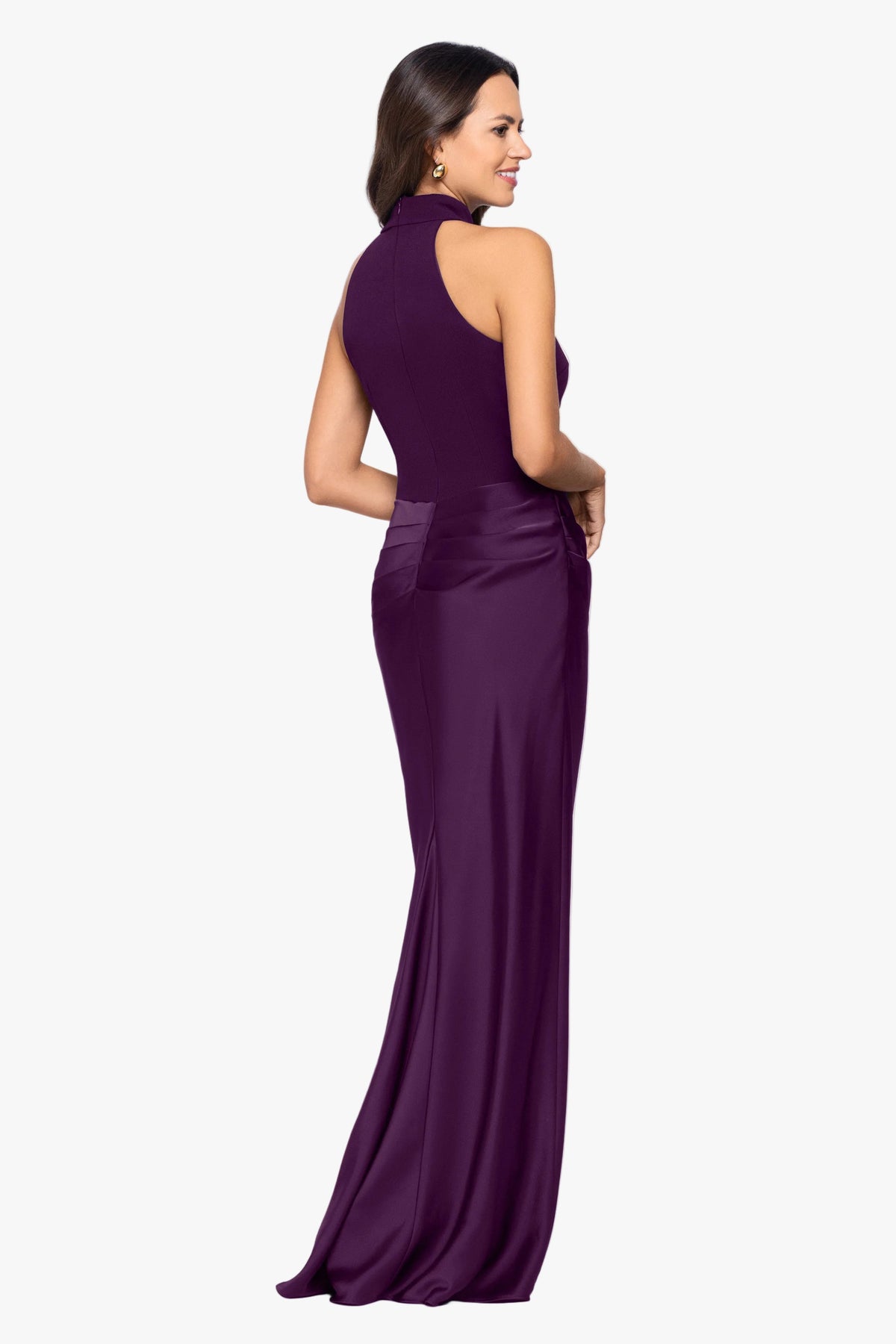 "Jamie" Double Face Satin Mock Neck Dress - Plum | Betsy & Adam