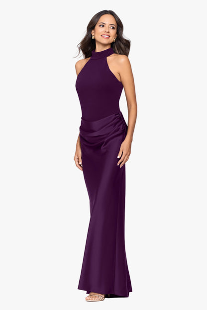 "Jamie" Double Face Satin Mock Neck Dress - Plum | Betsy & Adam