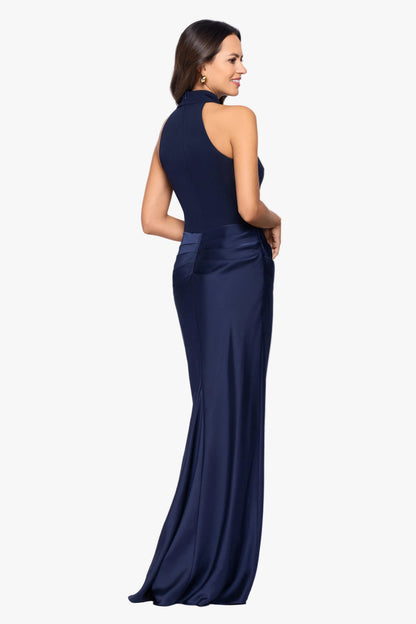 "Jamie" Double Face Satin Mock Neck Dress - Navy | Betsy & Adam