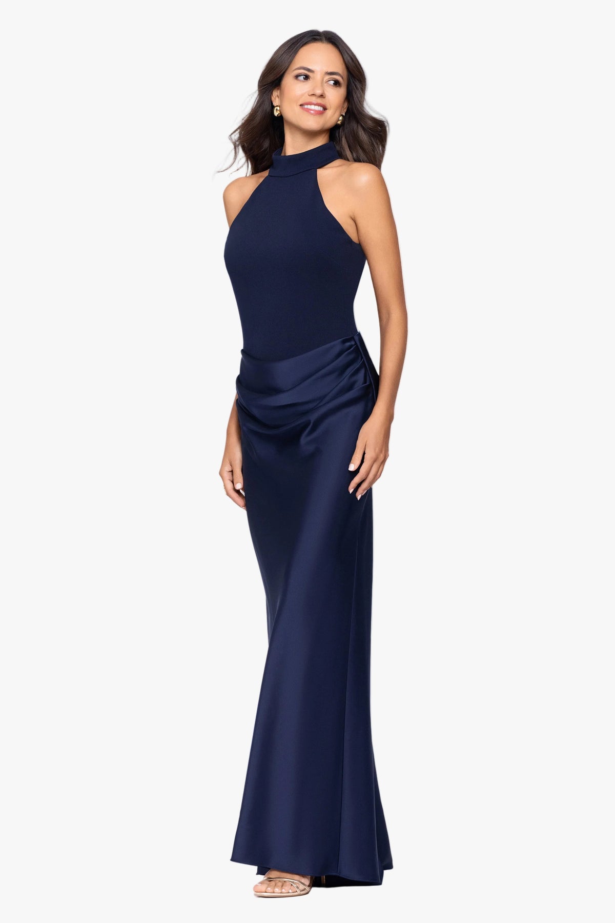 "Jamie" Double Face Satin Mock Neck Dress - Navy | Betsy & Adam