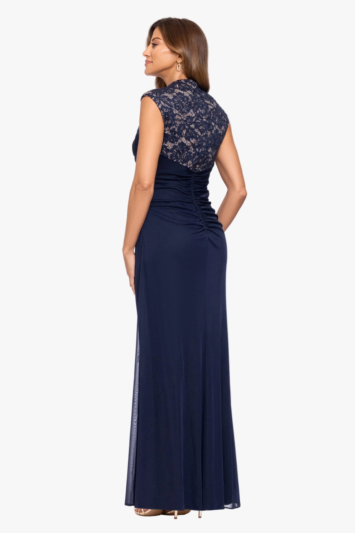 “Dayna” Sheer Matte Jersey Knit Lace Neck Ruched Dress - Navy/Nude | Betsy & Adam