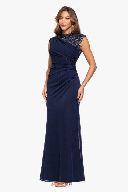 “Dayna” Sheer Matte Jersey Knit Lace Neck Ruched Dress - Navy/Nude | Betsy & Adam
