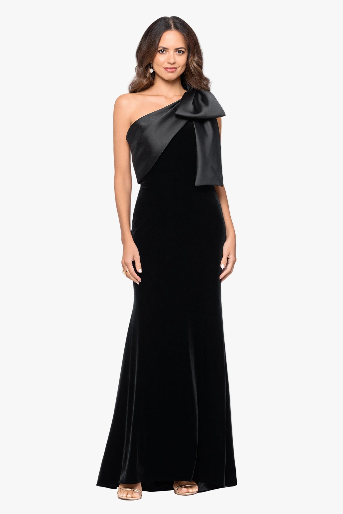 "Elena" Velvet One Shoulder & Mikado Bow Dress - Black | Betsy & Adam