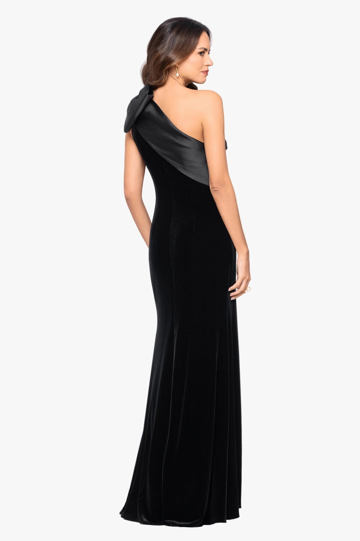 "Elena" Velvet One Shoulder & Mikado Bow Dress - Black | Betsy & Adam