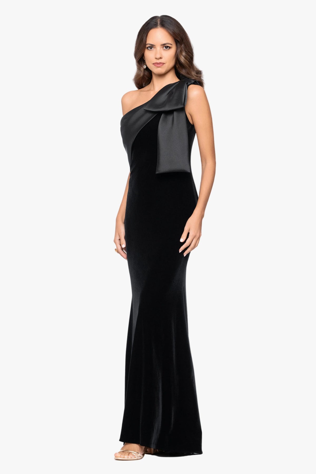 "Elena" Velvet One Shoulder & Mikado Bow Dress - Black | Betsy & Adam