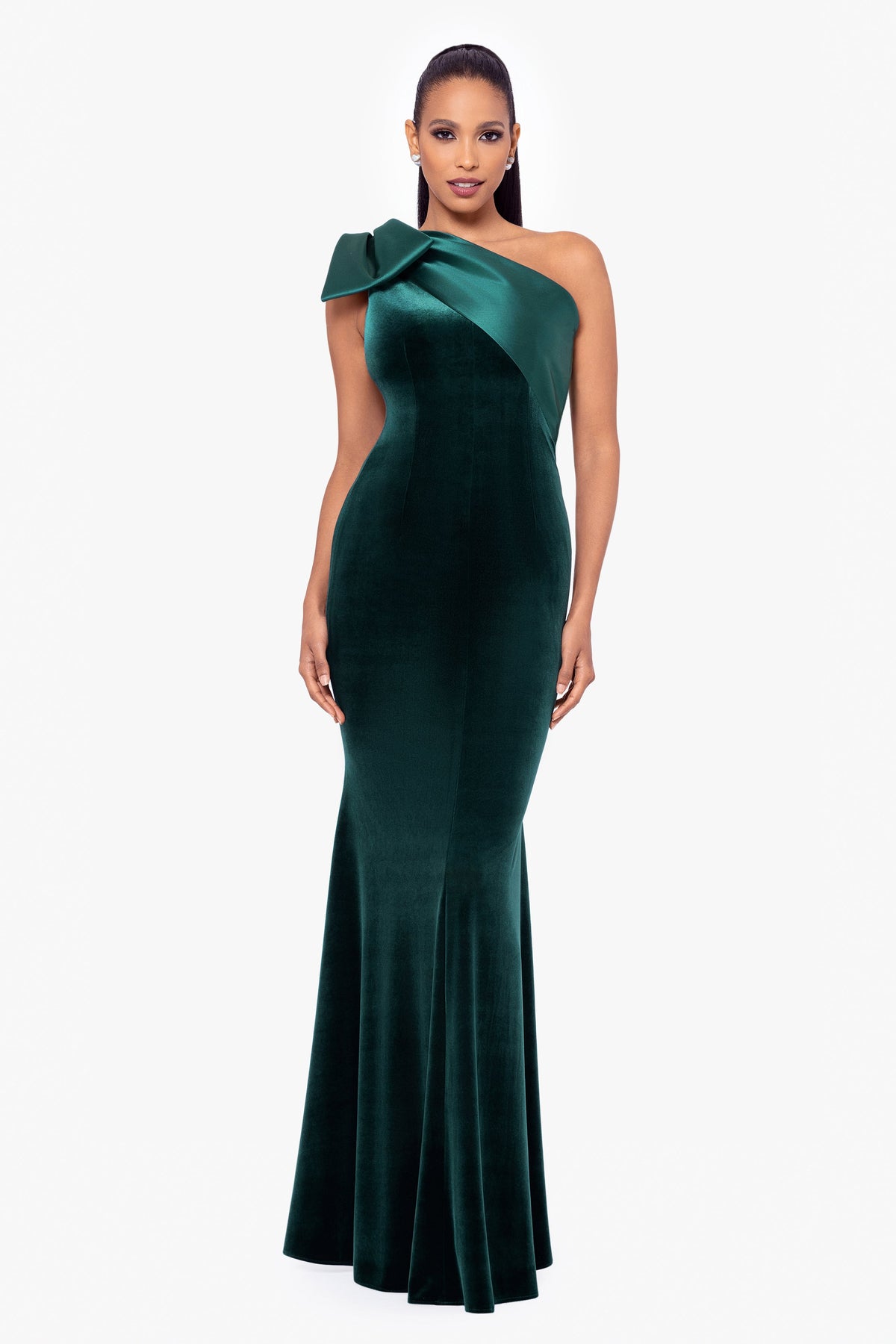 "Elena" Velvet One Shoulder & Mikado Bow Dress - Black | Betsy & Adam
