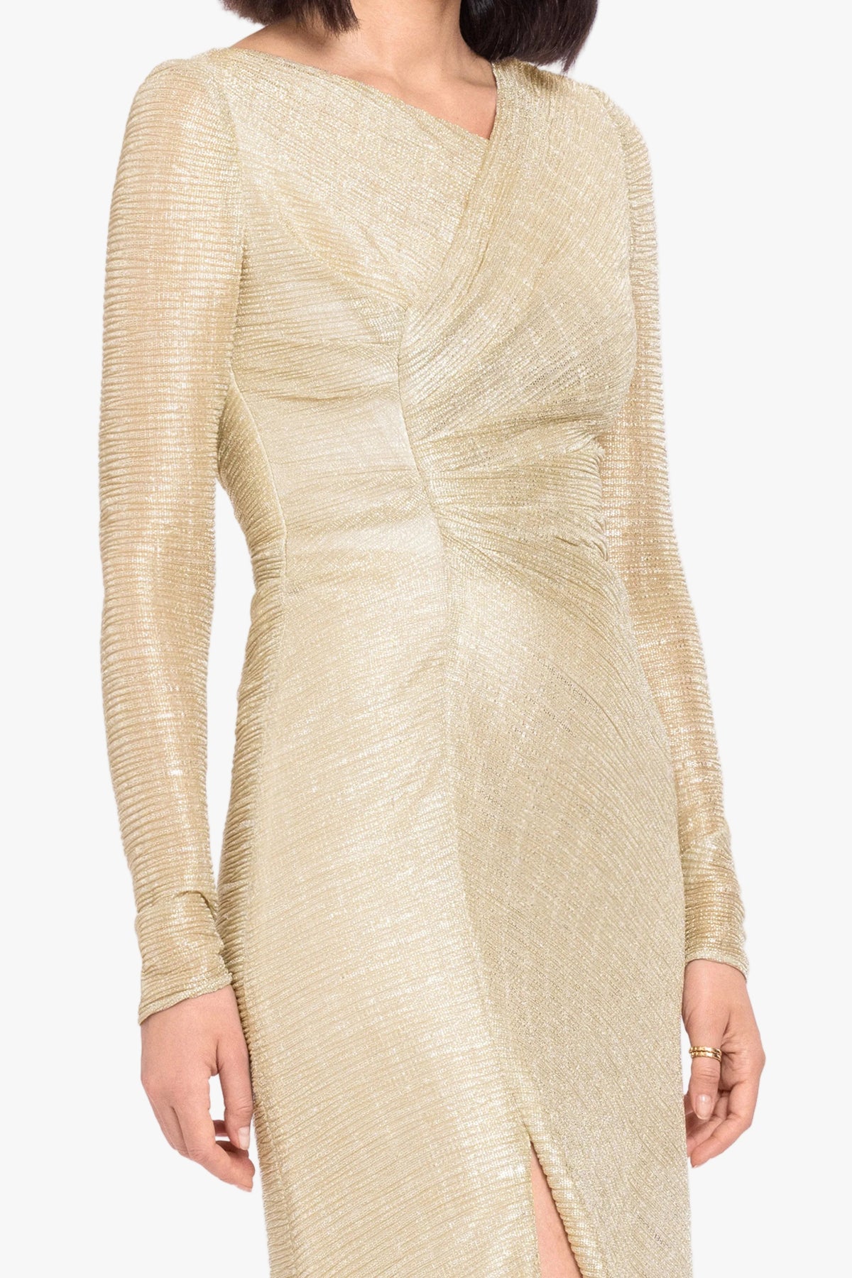 "Bondi" Metallic Crinkle Long Sleeve Asymmetrical Neckline Dress - Gold | Betsy & Adam
