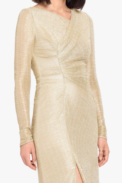 "Bondi" Metallic Crinkle Long Sleeve Asymmetrical Neckline Dress - Gold | Betsy & Adam