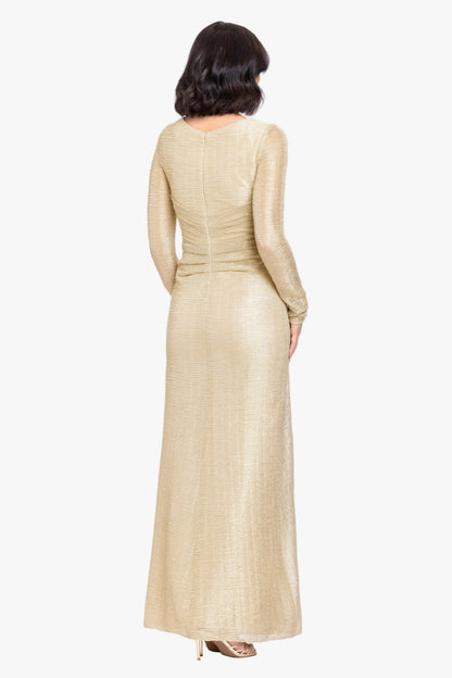"Bondi" Metallic Crinkle Long Sleeve Asymmetrical Neckline Dress - Gold | Betsy & Adam