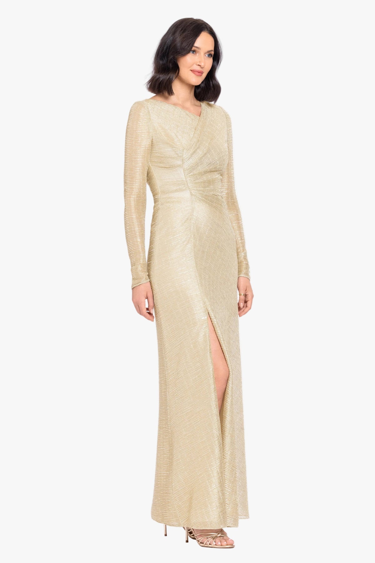 "Bondi" Metallic Crinkle Long Sleeve Asymmetrical Neckline Dress - Gold | Betsy & Adam
