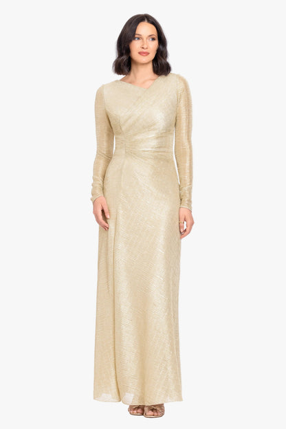 "Bondi" Metallic Crinkle Long Sleeve Asymmetrical Neckline Dress - Gold | Betsy & Adam