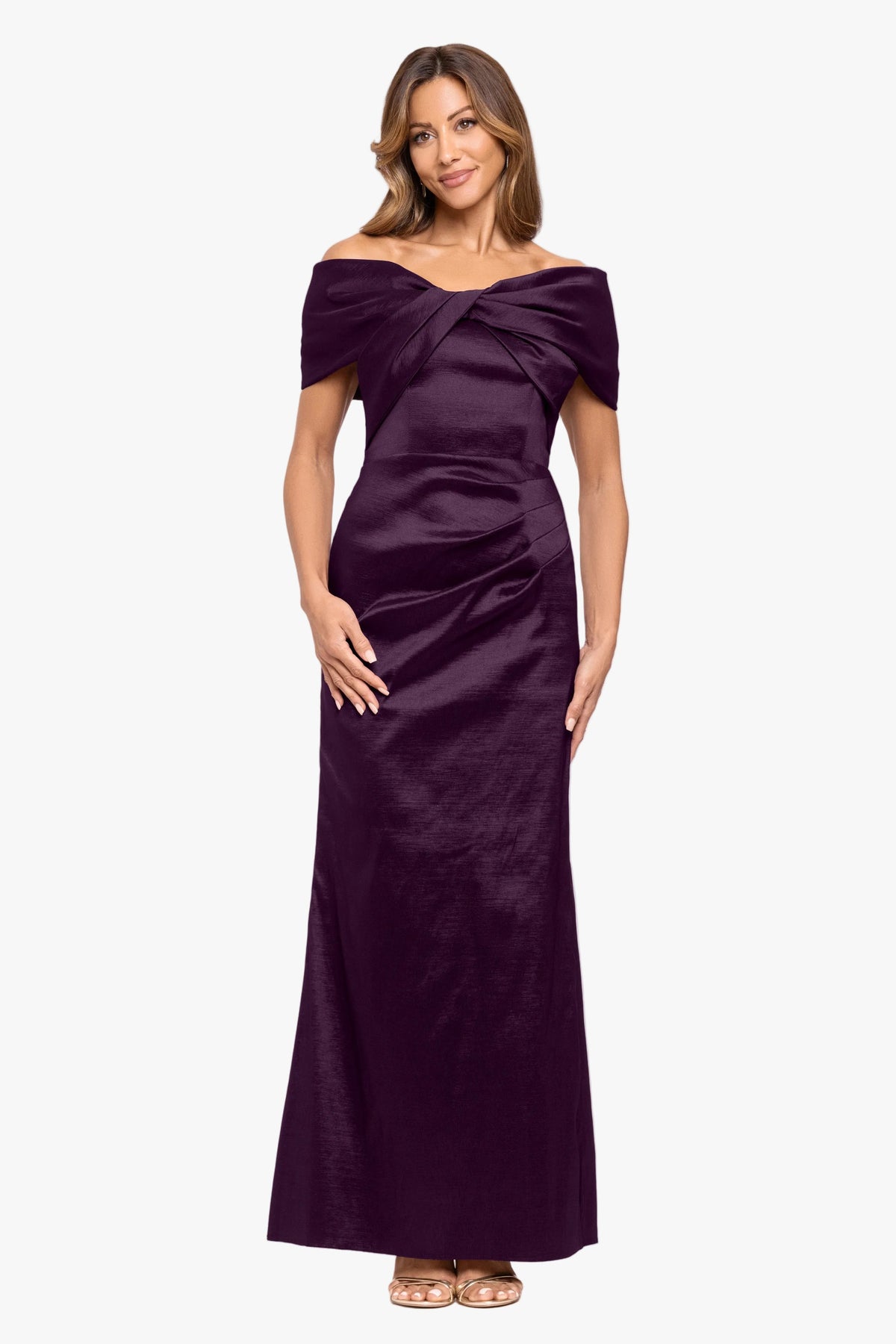 "Gia" Taffeta Twist Off the Shoulder Dress - Plum | Betsy & Adam