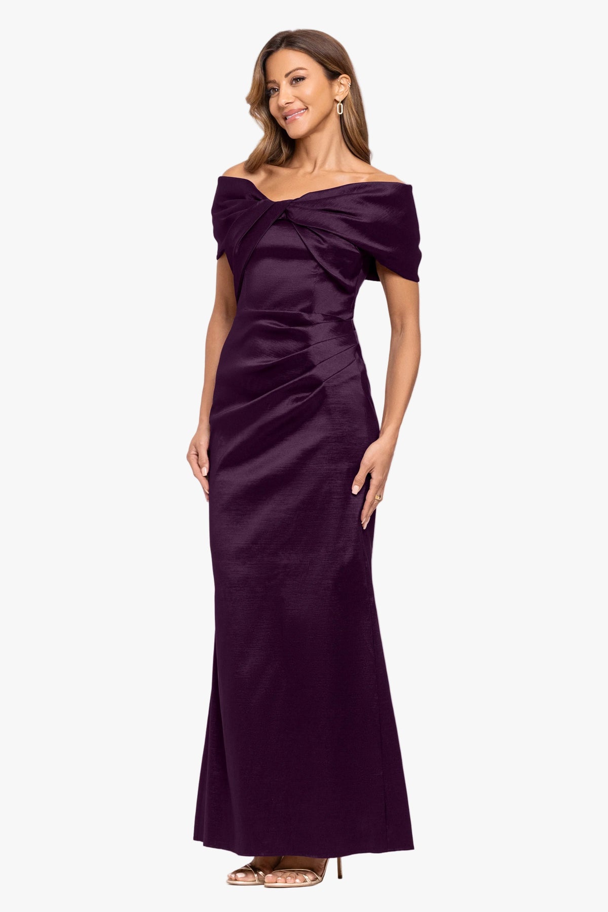 "Gia" Taffeta Twist Off the Shoulder Dress - Plum | Betsy & Adam