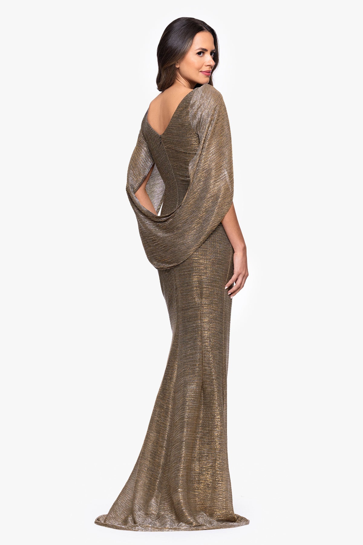 Petite "Kaia" Metallic Boat Neck Drape Sleeve Dress - Mocha/Gold | Betsy & Adam