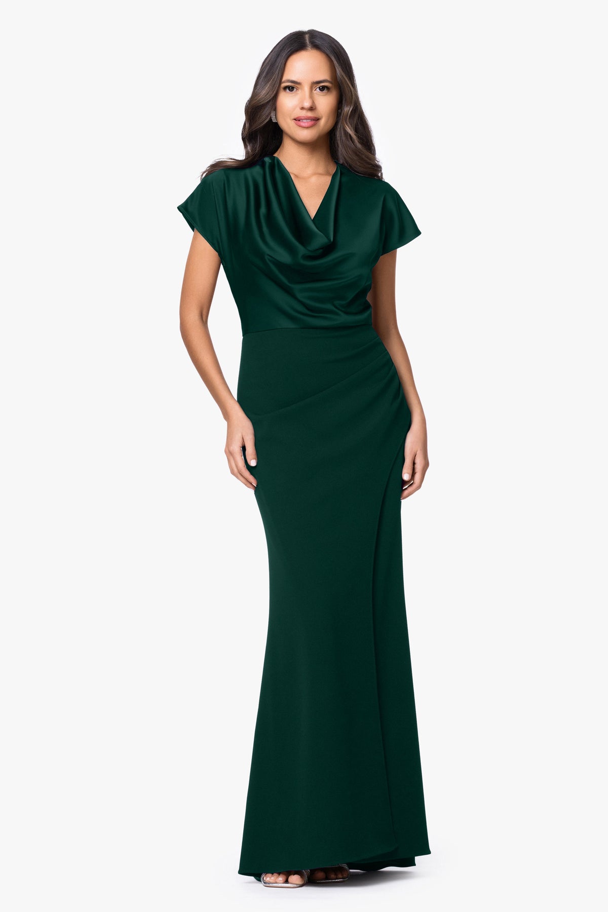 "Rinna" Scuba Crepe & Satin Cowl Neck Dress - Hunter | Betsy & Adam