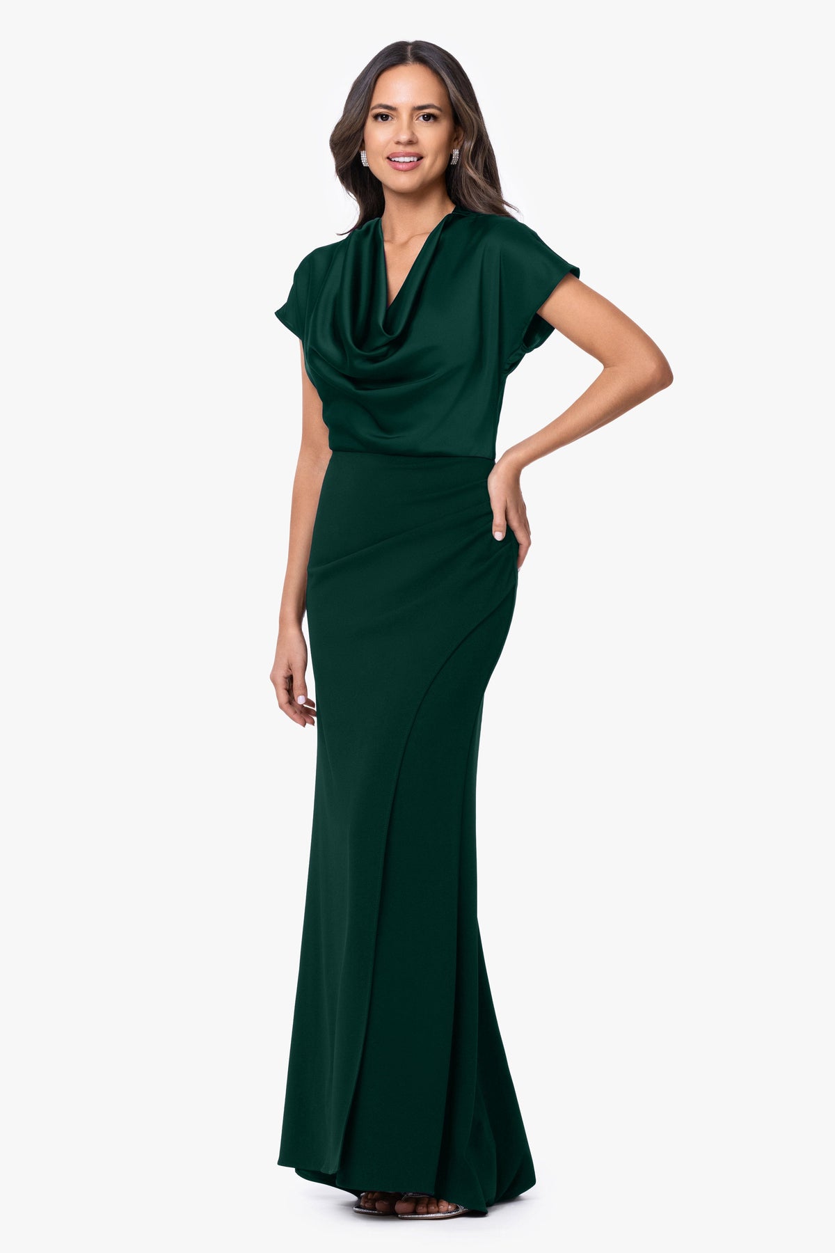 "Rinna" Scuba Crepe & Satin Cowl Neck Dress - Hunter | Betsy & Adam