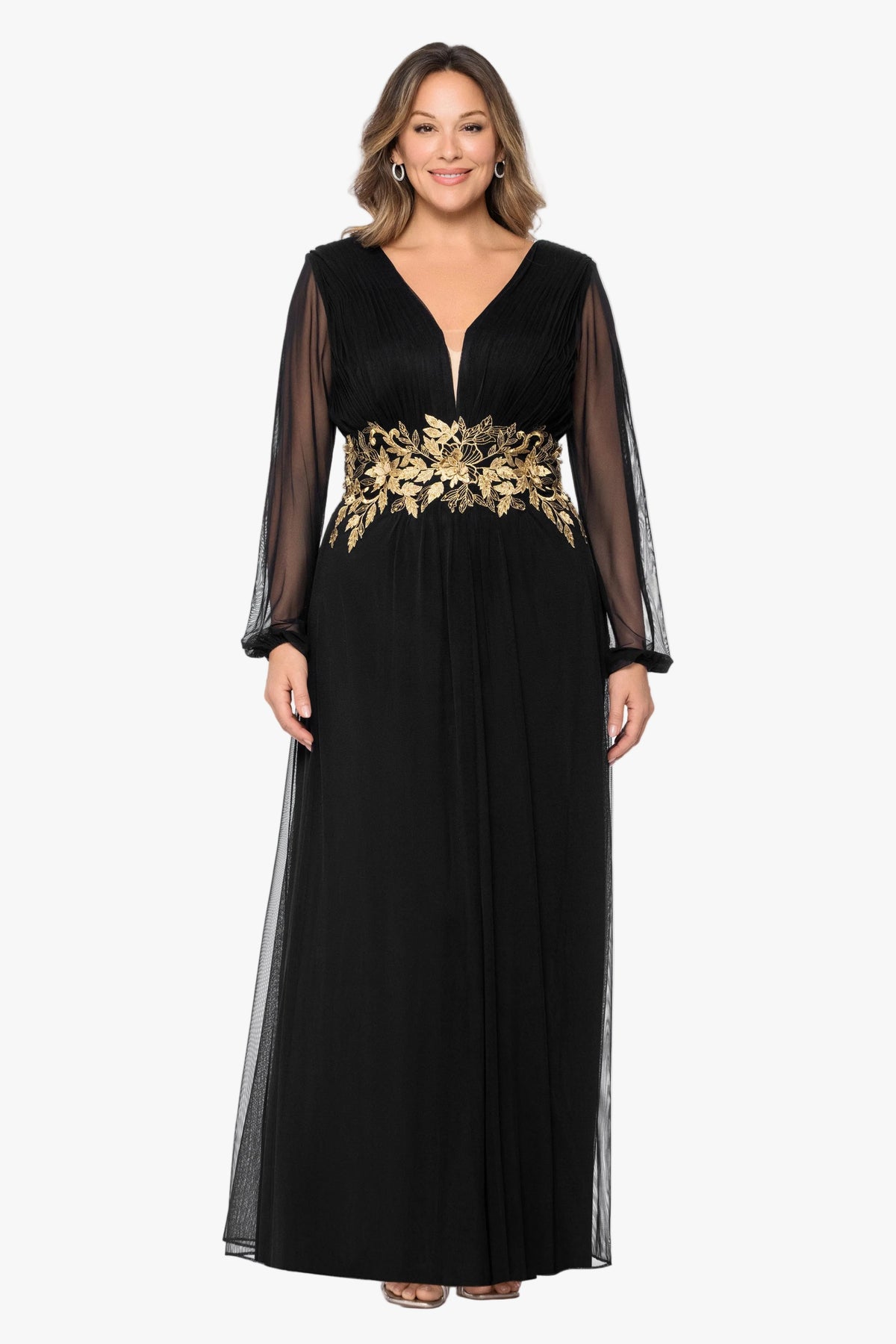 Plus "Rebecca" Mesh Long Sleeve Dress - Black/Gold | Betsy & Adam