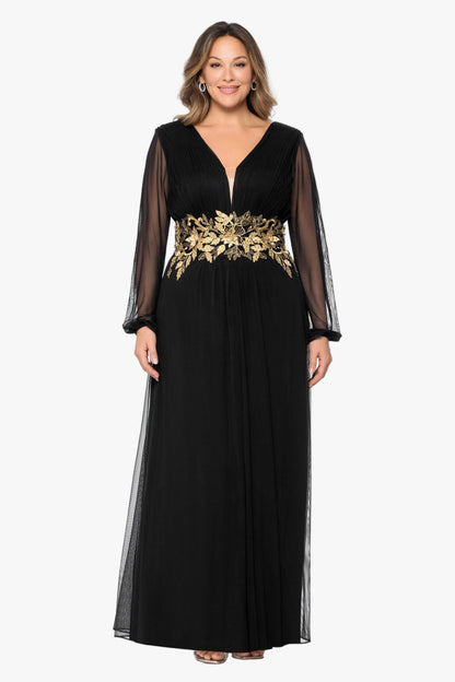 Plus "Rebecca" Mesh Long Sleeve Dress - Black/Gold | Betsy & Adam