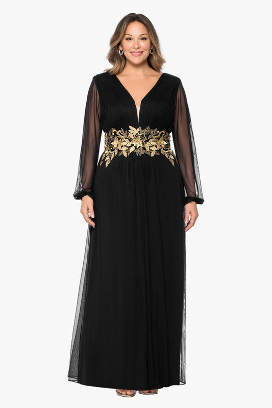 Plus "Rebecca" Mesh Long Sleeve Dress - Black/Gold | Betsy & Adam