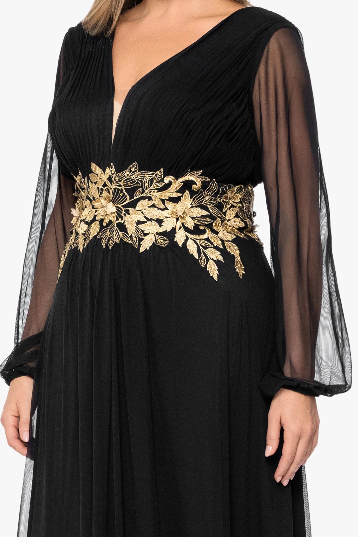 Plus "Rebecca" Mesh Long Sleeve Dress - Black/Gold | Betsy & Adam