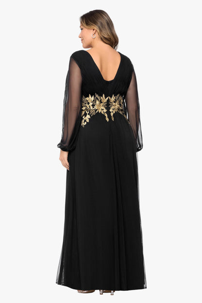 Plus "Rebecca" Mesh Long Sleeve Dress - Black/Gold | Betsy & Adam